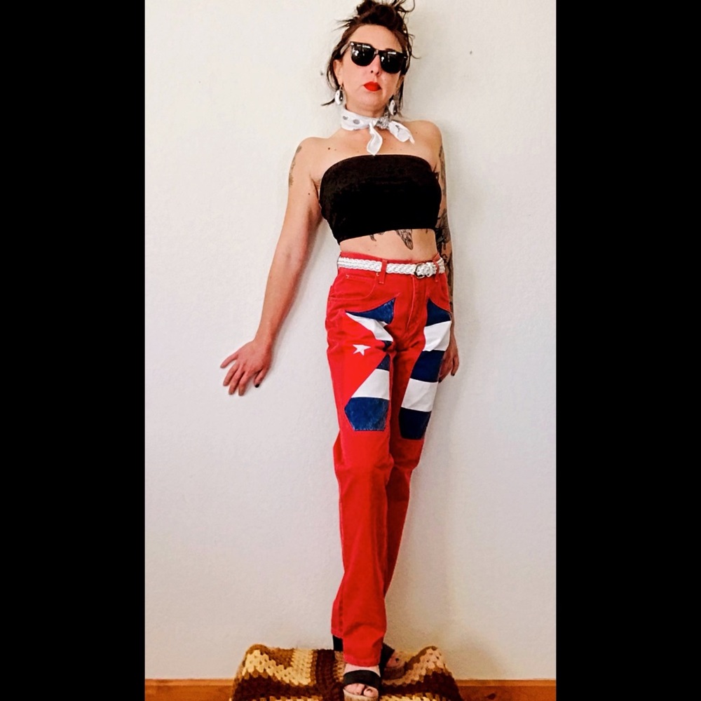 80s vintage red, white & blue high waist jeans